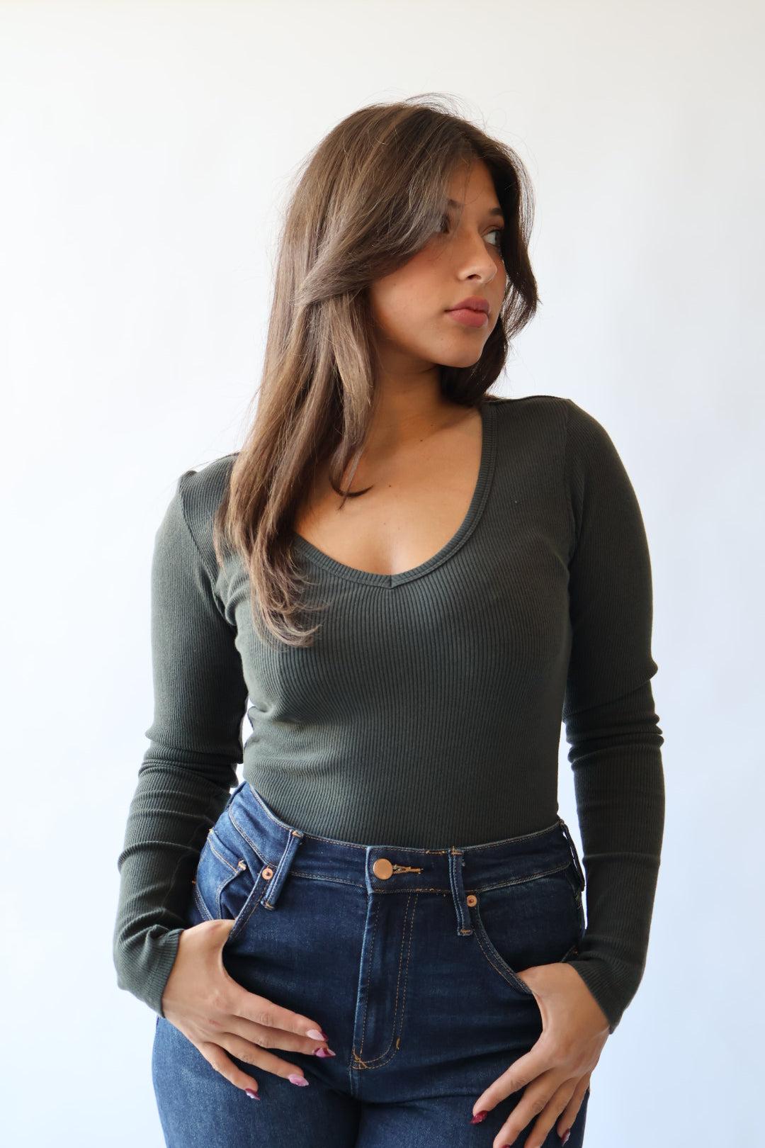 Dear John Denim Marlowe Ribbed V Neck Fitted Top Product Image