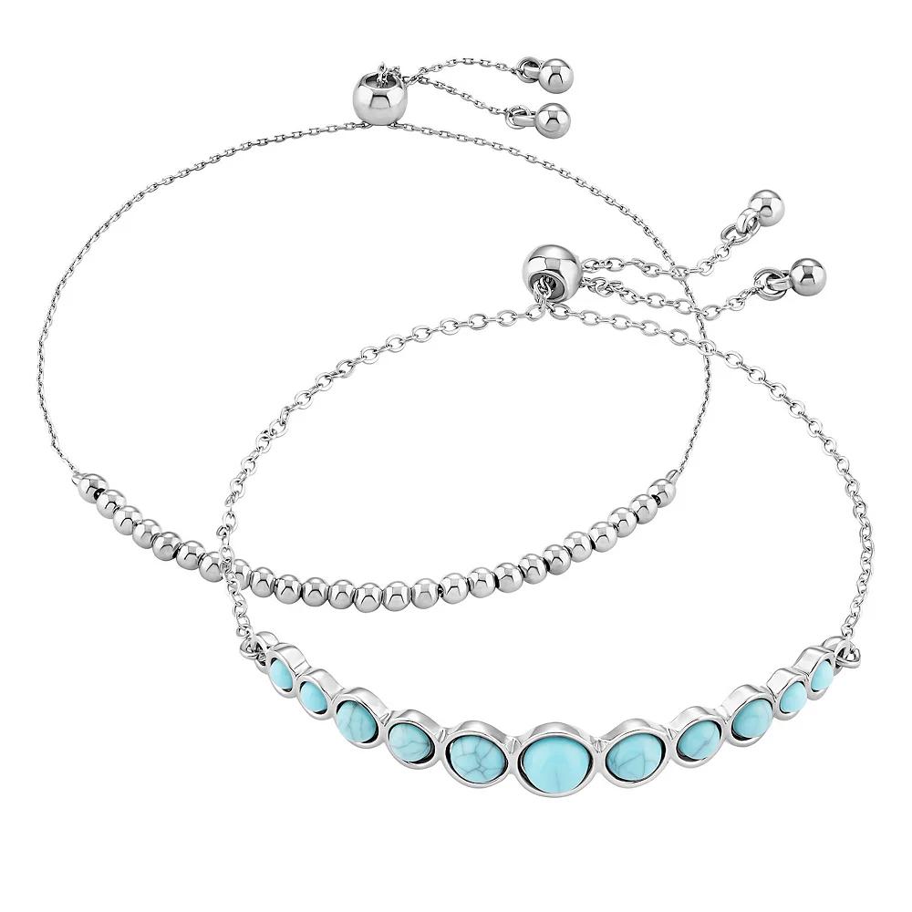 Emberly Silver Tone Polished Beaded & Simulated Turquoise Adjustable Bracelet Duo Set, Women's, Blue Product Image