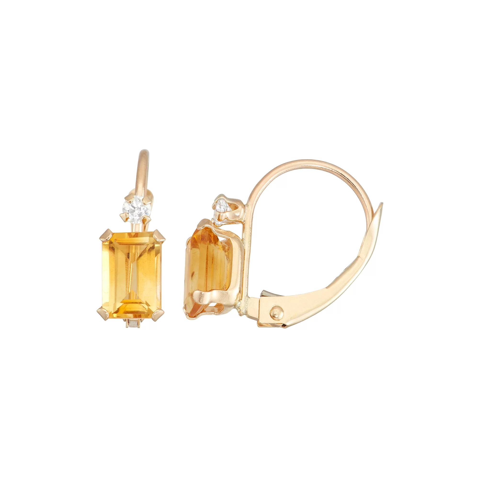 Designs by Gioelli 10k Gold Emerald-Cut Citrine & White Zircon Leverback Earrings, Women's, Yellow Product Image