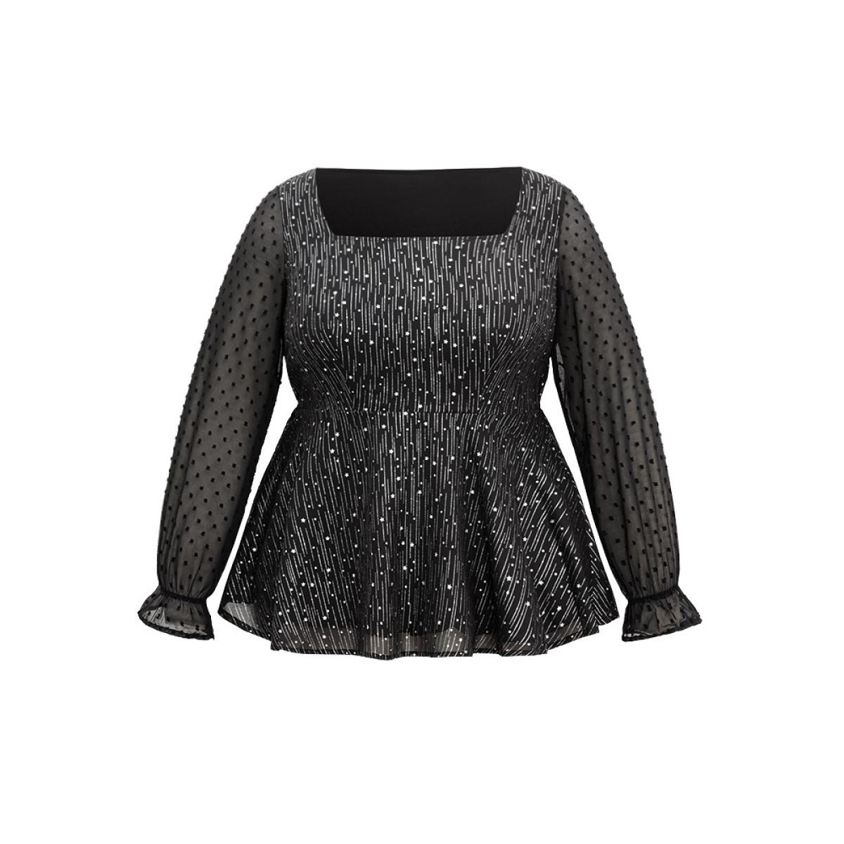 Plus Size Black Plain Textured Glitter Patchwork Square Neck Blouse Women Glamour Long Sleeve Square Neck Party Blouses BloomChic 22-24/3X Product Image