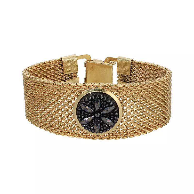 1928 Gold Tone Black Crystal Mesh Bracelet, Womens Product Image