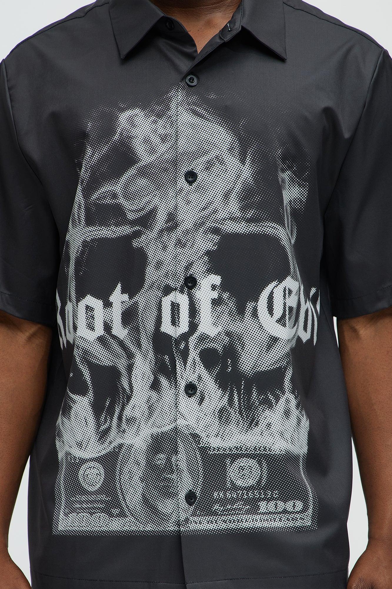 Smoking Skeleton Graphic Button Up Shirt - Black Product Image