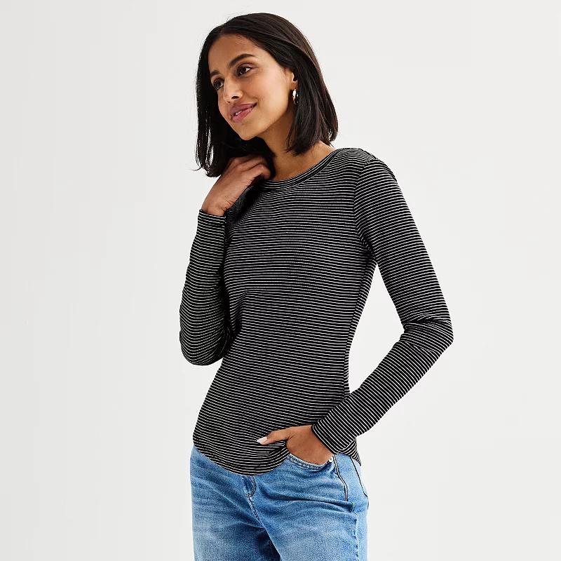 Women's Sonoma Goods For Life® Rib Slim Fit Long Sleeve Tee, Size: XL, Frost Black Stripe Product Image