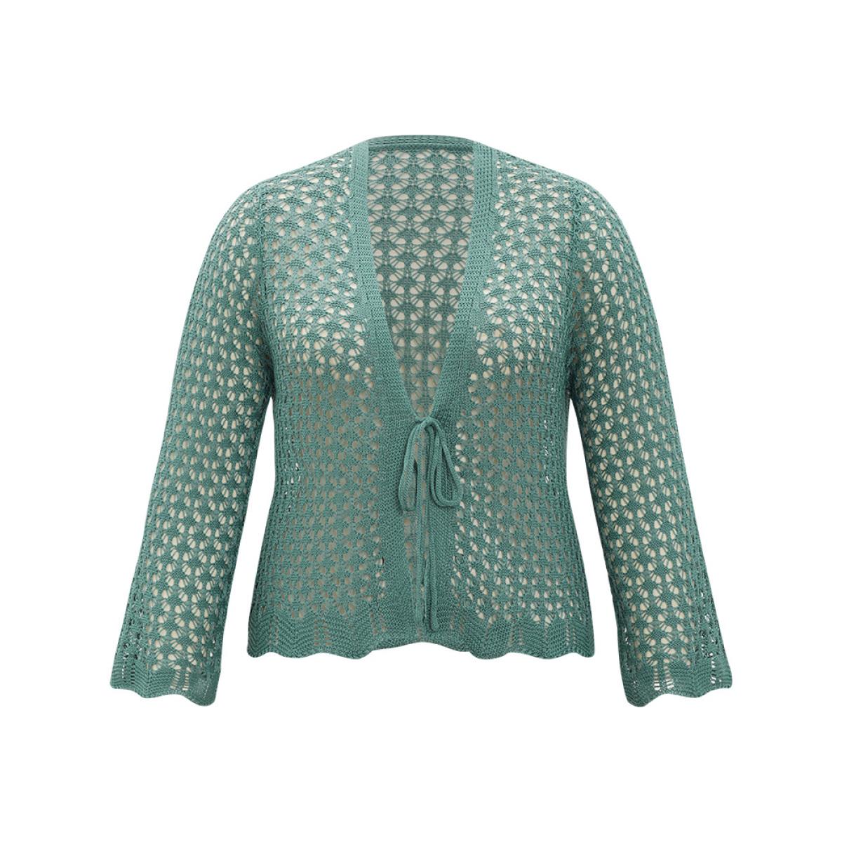Plus Size Hollow Out Ties Front Bell Sleeve Cardigan Emerald Women Casual Loose Long Sleeve Everyday Cardigans BloomChic 30/6X Product Image