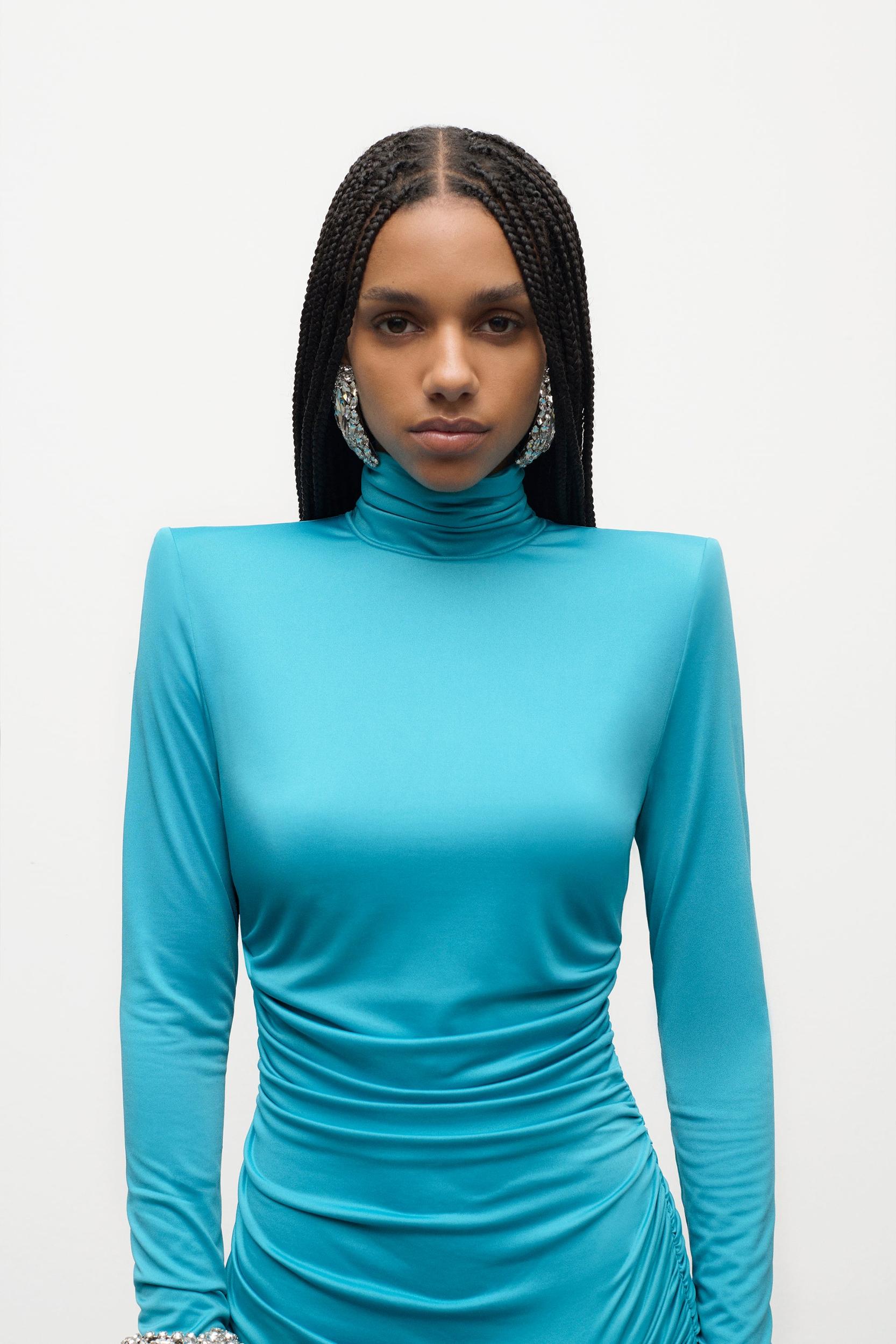 Crystal Cluster Draped Long Sleeve Mini Dress Product Image