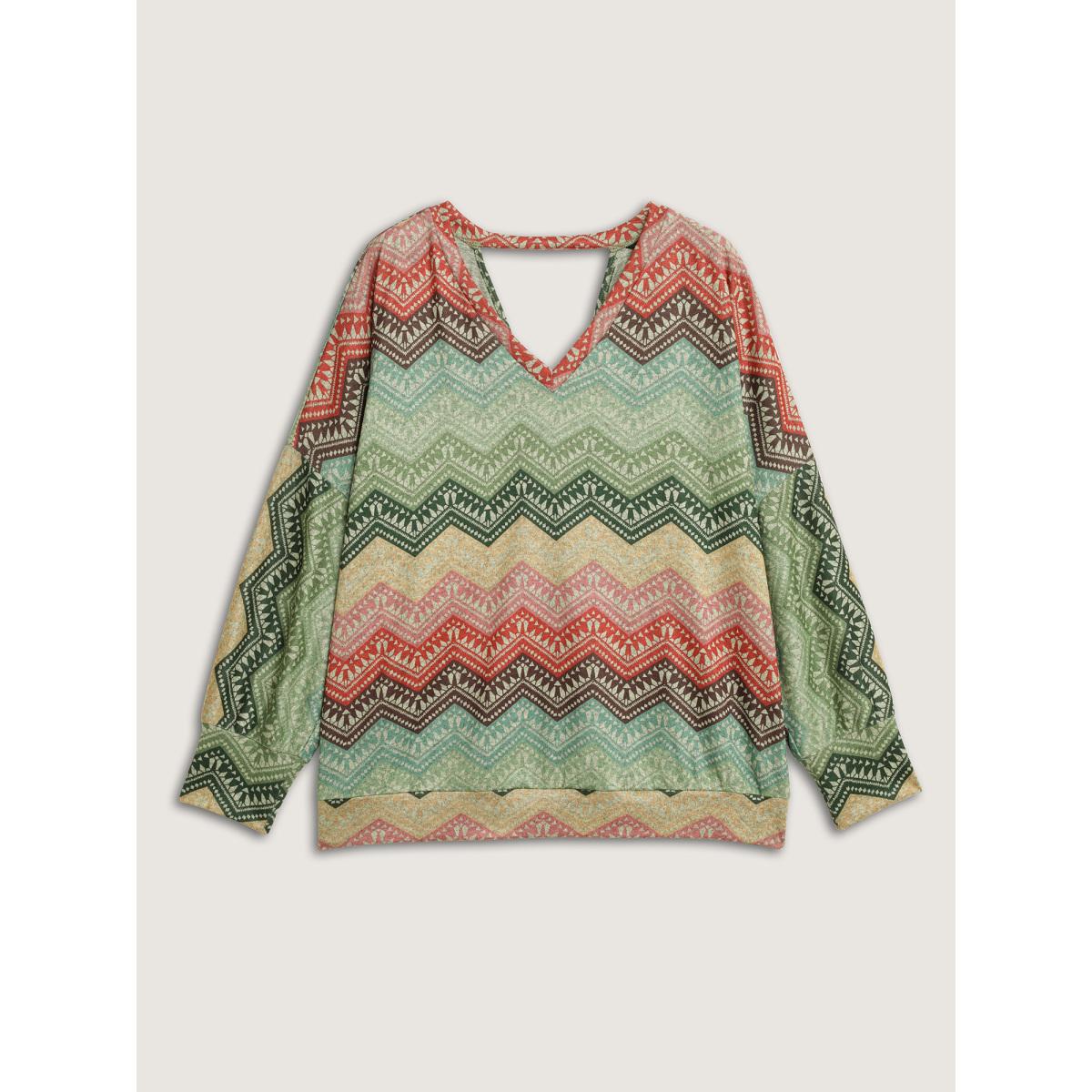 Plus Size Colorful Wavy Stripes Gathered Back T-Shirt Multicolor Women Leisure Backless V-neck Casual T-shirts BloomChic 28/5X Product Image