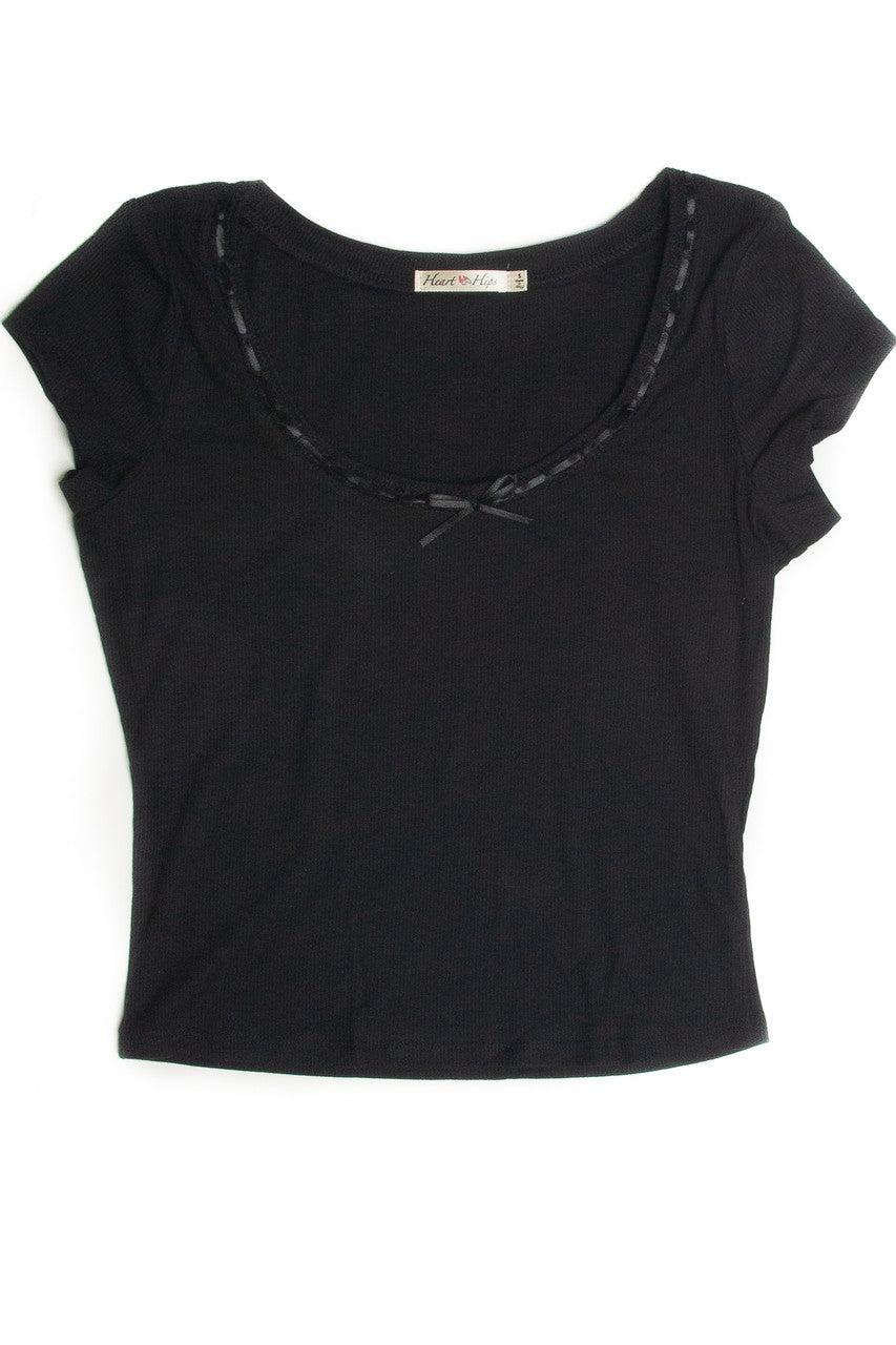Black Satin Bow Ribbed Shirt Product Image