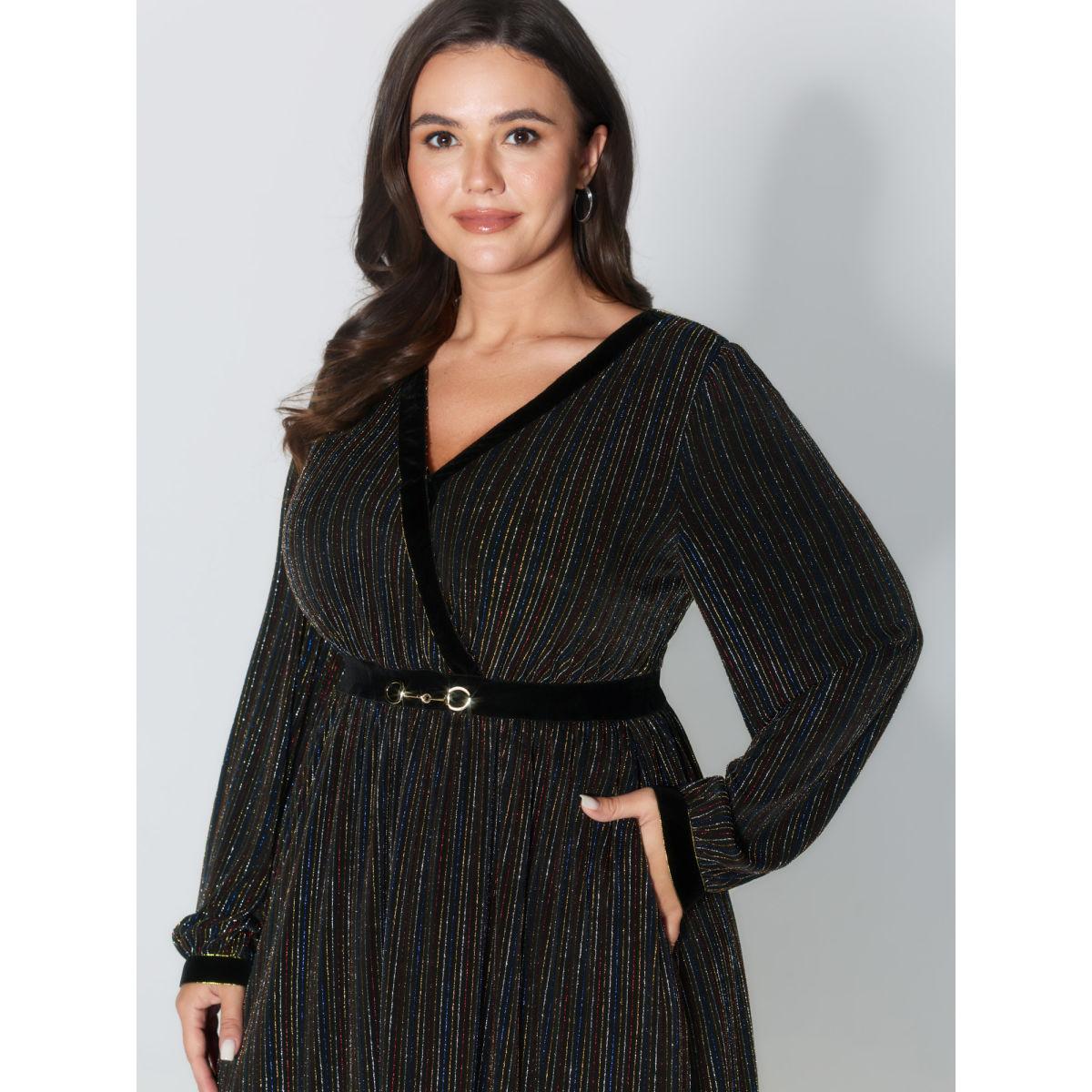 Plus Size Striped Surplice Neckline Flowy Midi Dress Black Women Party&Cocktail Overlap Collar Extra Long Sleeve Curvy BloomChic 14-16/1X Product Image