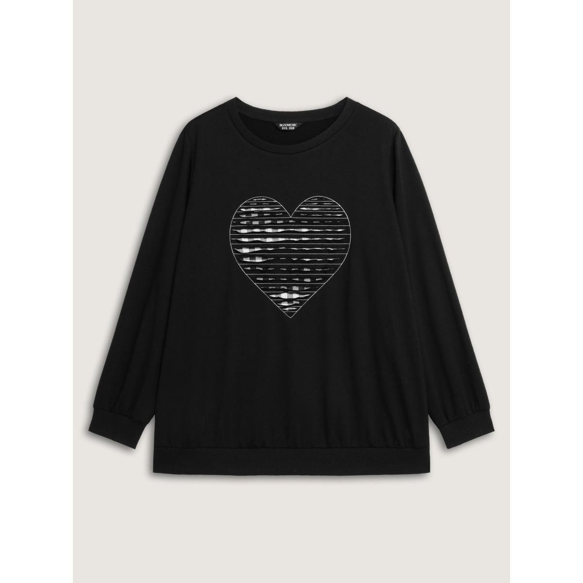 Plus Size Supersoft Heart Cut-Out Embroidery Sweatshirt Women Black Leisure Contrast Round Neck Casual Sweatshirts BloomChic 22-24/3X Product Image