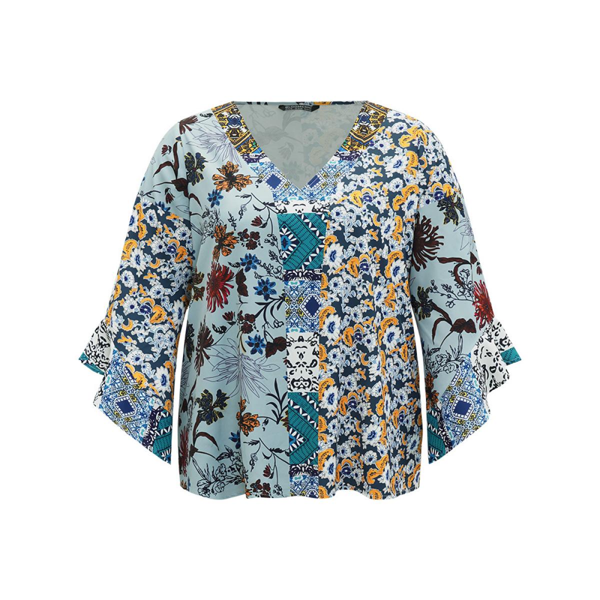 Plus Size Multicolor Bandana Print Patchwork Bell Sleeve Blouse Women Elegant Long Sleeve V-neck Vacation Blouses BloomChic 14-16/1X Product Image