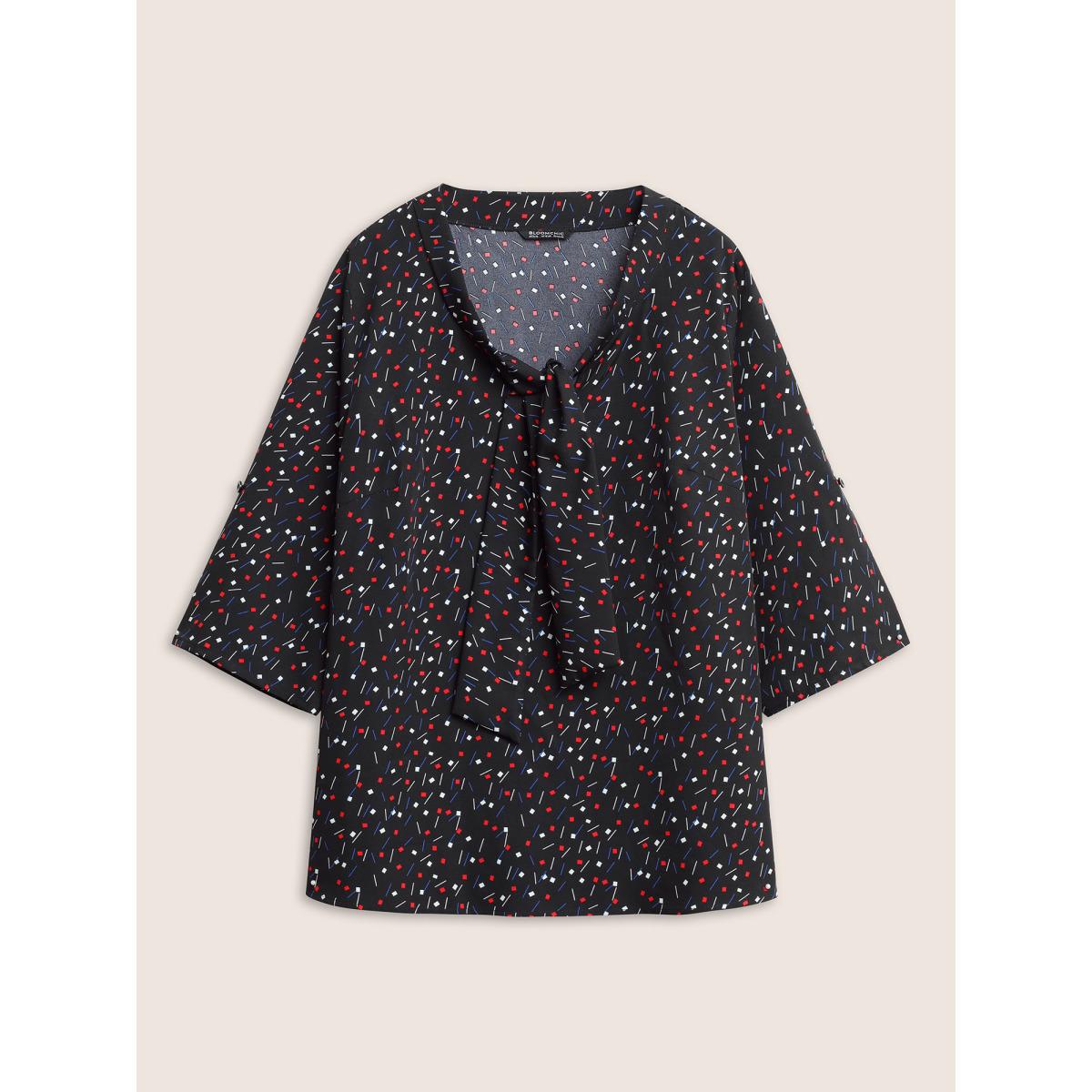 Plus Size Black Geometric Tab Sleeve Tie Neck Blouse Women At the Office Elbow-length sleeve Ribbon-tied collar Office Blouses BloomChic 12/L Product Image