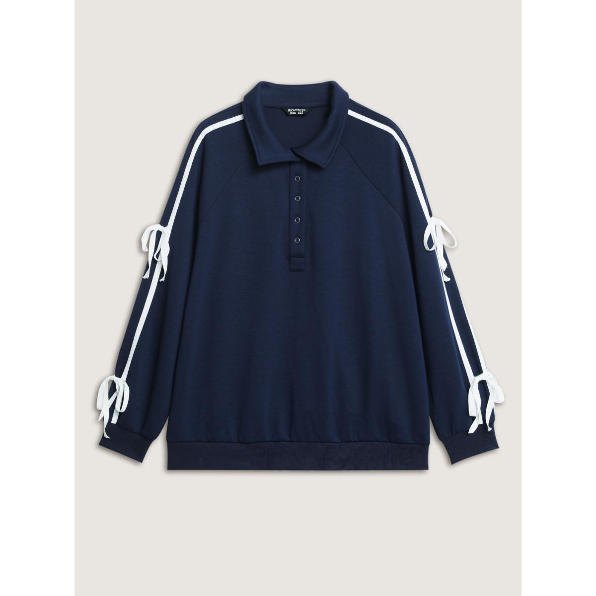 Plus Size Supersoft Ribbon Detail Contrast Sweatshirt Women Navy Leisure Woven ribbon&lace trim Turtleneck Casual Sweatshirts BloomChic 28/5X Product Image
