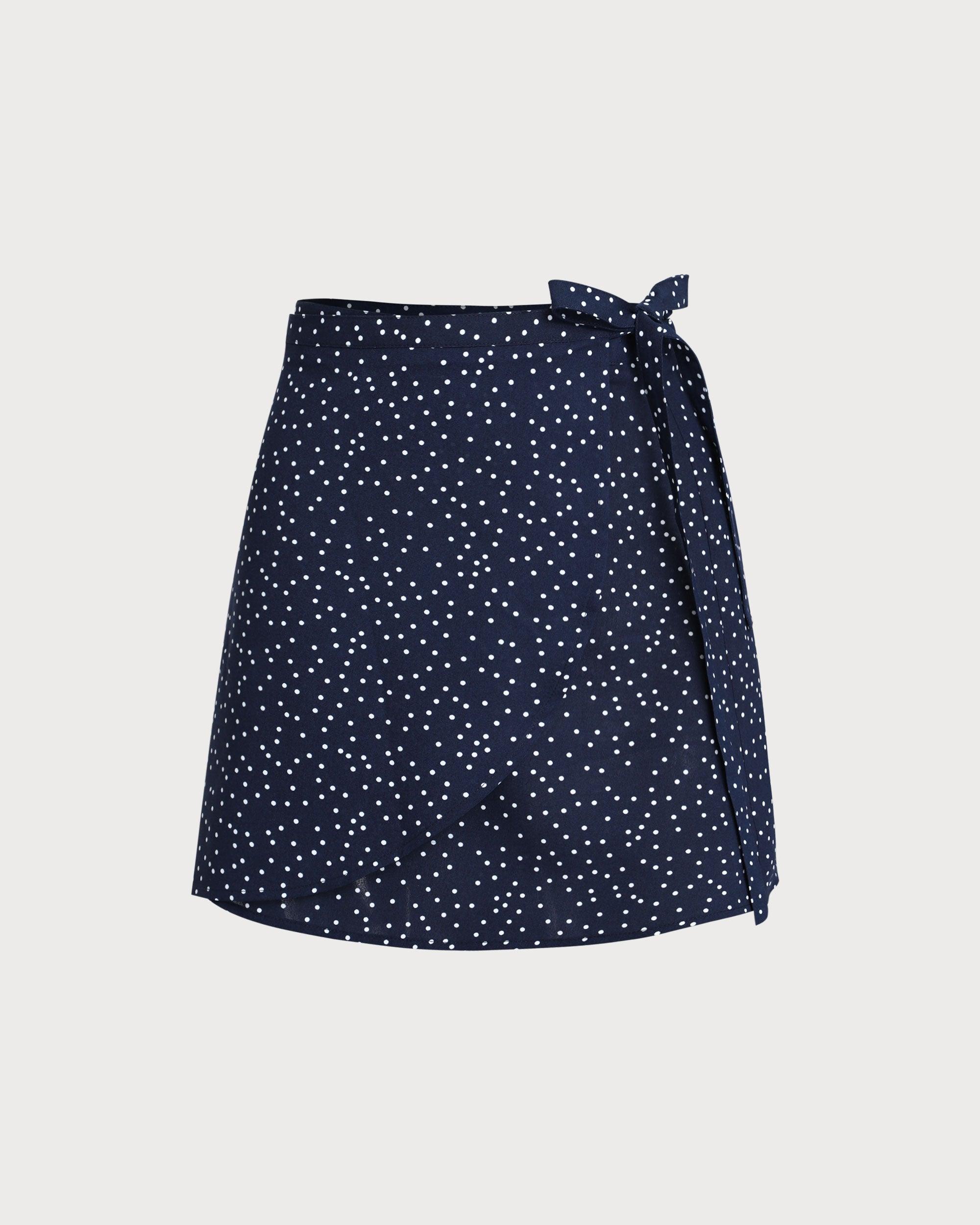 Navy Polka Dot Wrap Mini Skirt Product Image