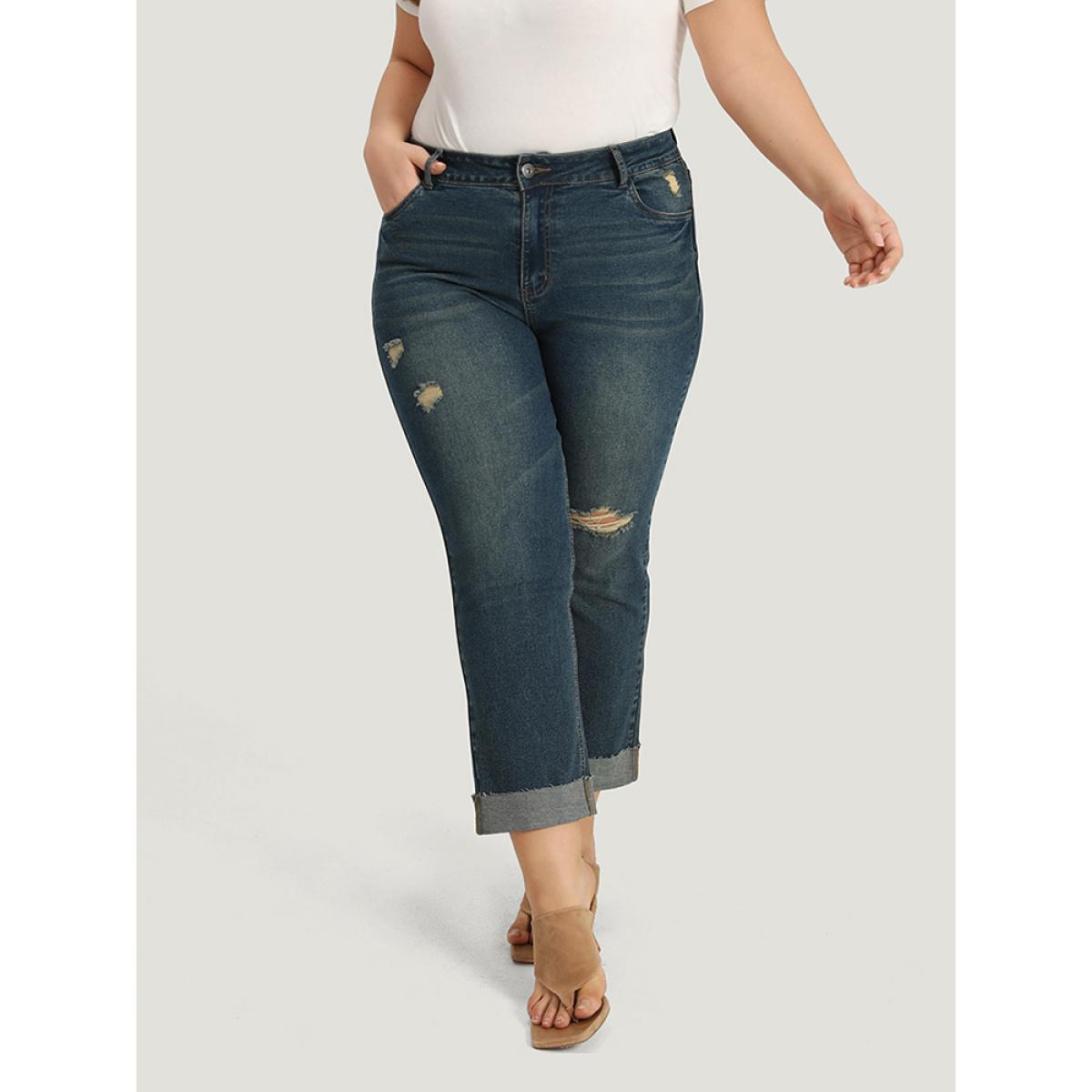 Plus Size Solid Ripped Roll Hem Pocket Straight Leg Jeans Women Indigo Casual Plain Plain High stretch Pocket Jeans BloomChic 10/M Product Image