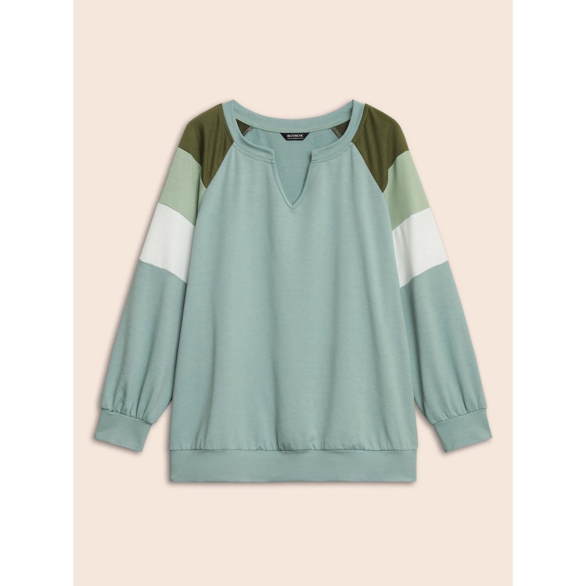Plus Size Contrast Patchwork Notched Raglan Sleeve Sweatshirt Women Multicolor Casual Contrast Flat collar with V-notch Everyday Sweatshirts BloomChic 10/M Product Image