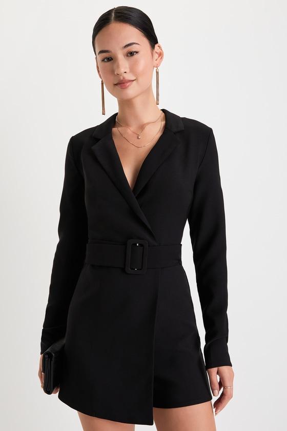 Gorgeous Business Black Collared Long Sleeve Skort Romper Product Image