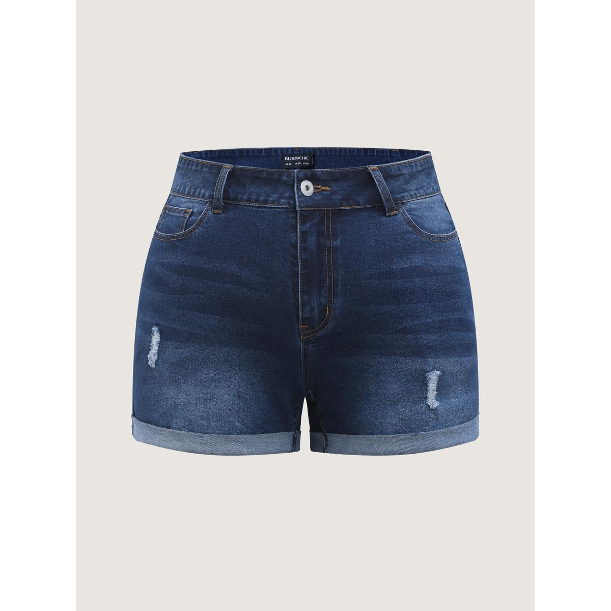 Plus Size Stretchy Ripped Skinny Fit Denim Shorts Women Darkindigo Distressed Medium stretch Casual Slanted pocket Leisure Denim Shorts BloomChic 14/1X Product Image