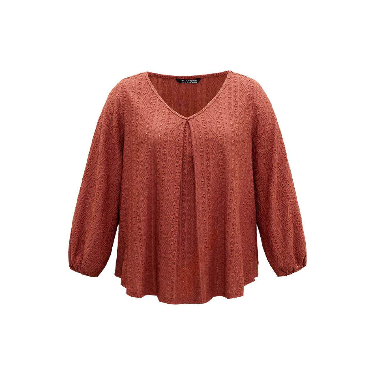 Plus Size Keyhole Plicated Detail Lantern Sleeve T-shirt Rust Women Elegant Elastic cuffs Plain V-neck Dailywear T-shirts BloomChic 18-20/2X Product Image