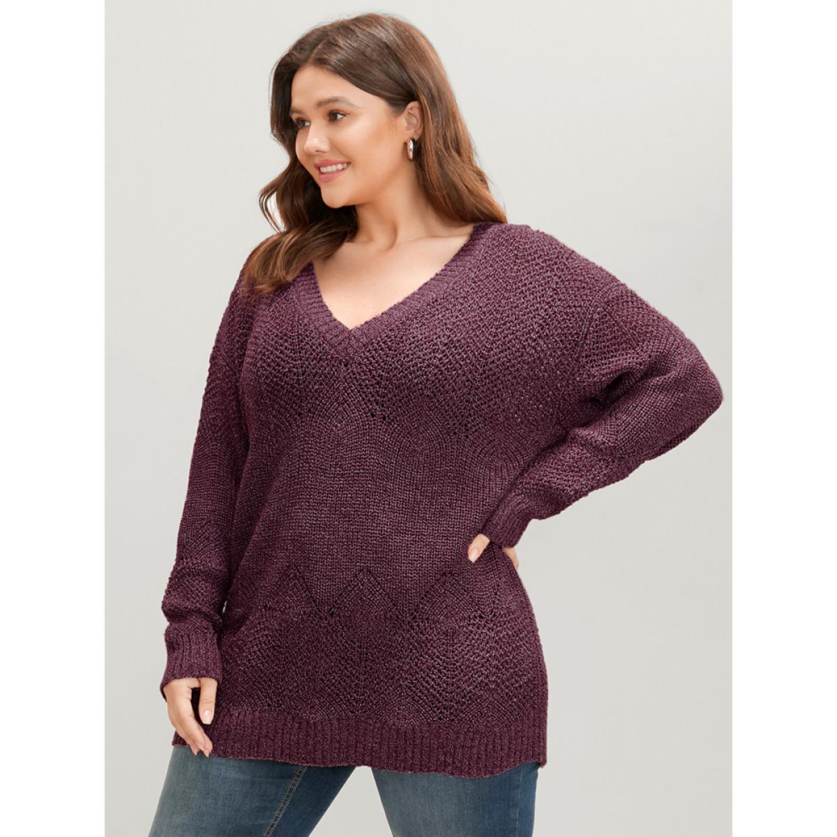 Plus Size Solid Pointelle Knit Eyelet V Neck Heather Knit Top Russet Women Elegant Loose Long Sleeve V-neck Dailywear Pullovers BloomChic 18-20/2X Product Image