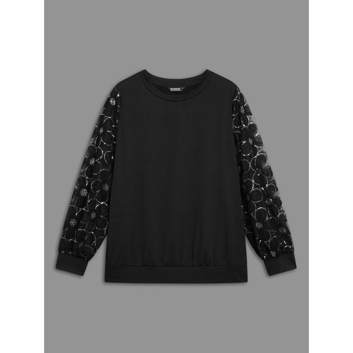 Plus Size Floral Sequin Mesh Patchwork Sweatshirt Women Black Elegant Patchwork Round Neck Everyday Sweatshirts BloomChic 12/L Product Image