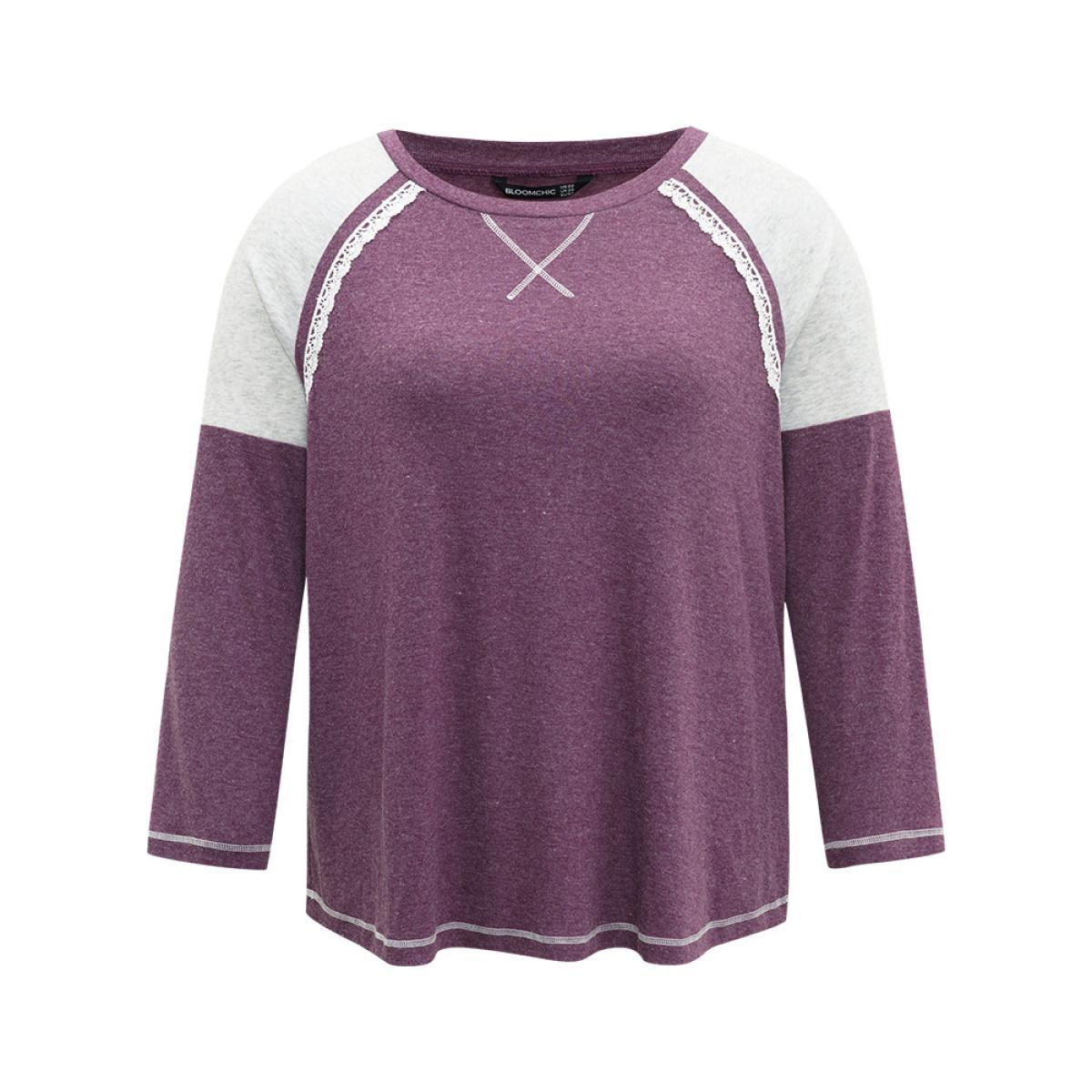 Plus Size Two Tone Lace Trim Stitch Raglan Sleeve T-shirt Mauve Women Casual Contrast Plain Round Neck Dailywear T-shirts BloomChic 12/L Product Image