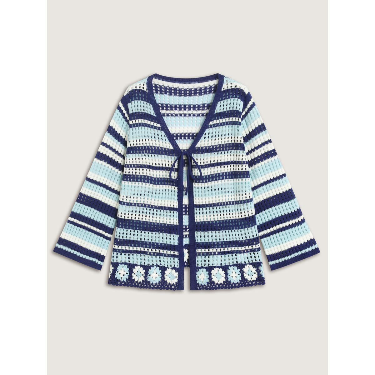Plus Size Crochet Color Stripes Flared Sleeve Knit Cardigan Indigo Women Loose Long Sleeve Casual Cardigans BloomChic 10/M Product Image