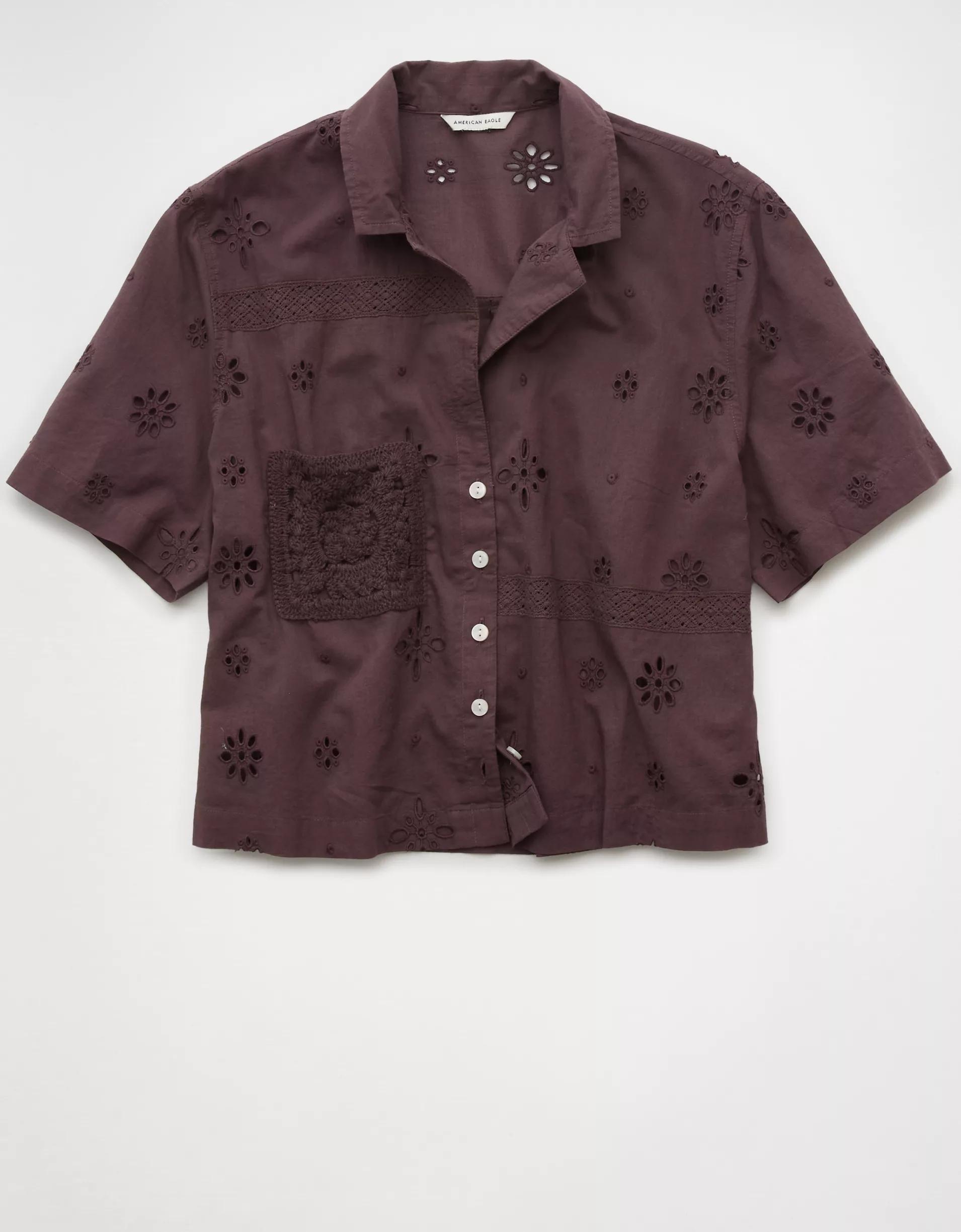 AE Short-Sleeve Embroidered Button-Up Shirt Product Image