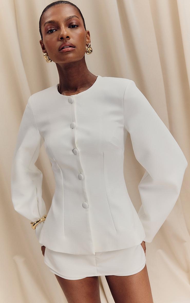 White Woven Cinched Waist Cocoon Sleeve Button Up Blazer Product Image