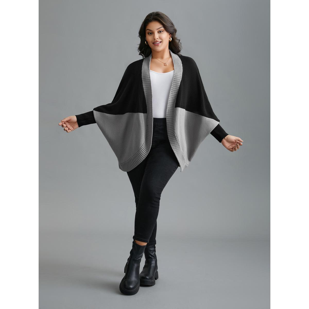 Plus Size Curvy Ribbed Hem Color Block Knit Cardigan Black Women Casual Loose Long Sleeve Everyday Cardigans BloomChic 26/4X Product Image