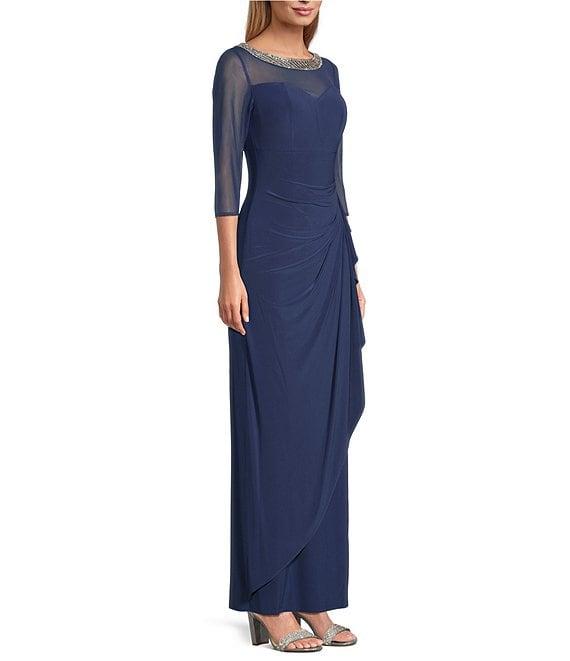Alex Evenings Petite Size Embellished Boat Neck 3/4 Sleeve Ruched Side Slit Dress Product Image