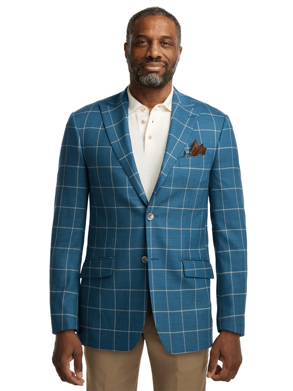 Wool Windowpane Single Breasted Peak Lapel Sport Coat - Teal Product Image