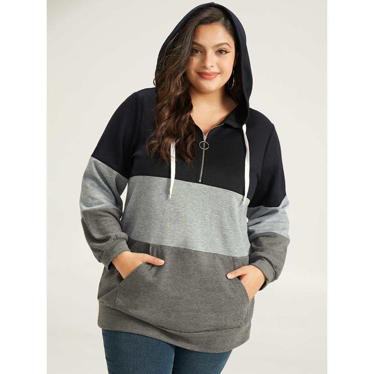 Plus Size Colorblock Contrast Half Zip Hooded Sweatshirt Women DimGray Casual Elastic cuffs Hooded Dailywear Sweatshirts BloomChic 18-20/2X Product Image