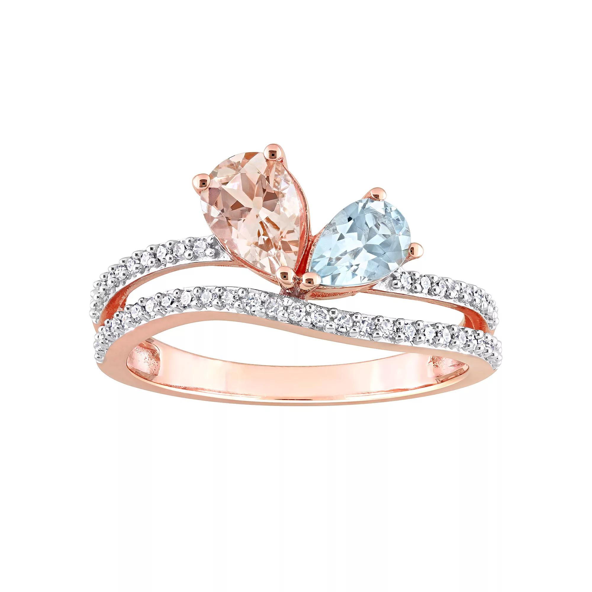 Stella Grace 10k Rose Gold Morganite, Aquamarine & 1/4 Carat T.W. Diamond 2-Stone Open Ring, Women's, Size: 8 Product Image