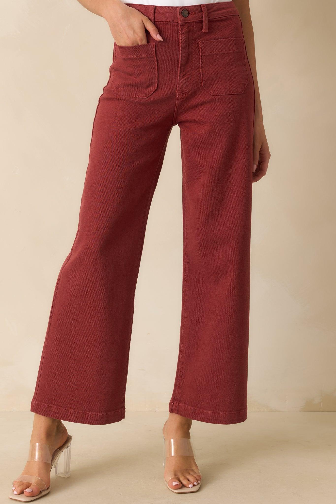 Right Where We Are Brick Red Cotton High Waisted Wide Leg Jeans Product Image