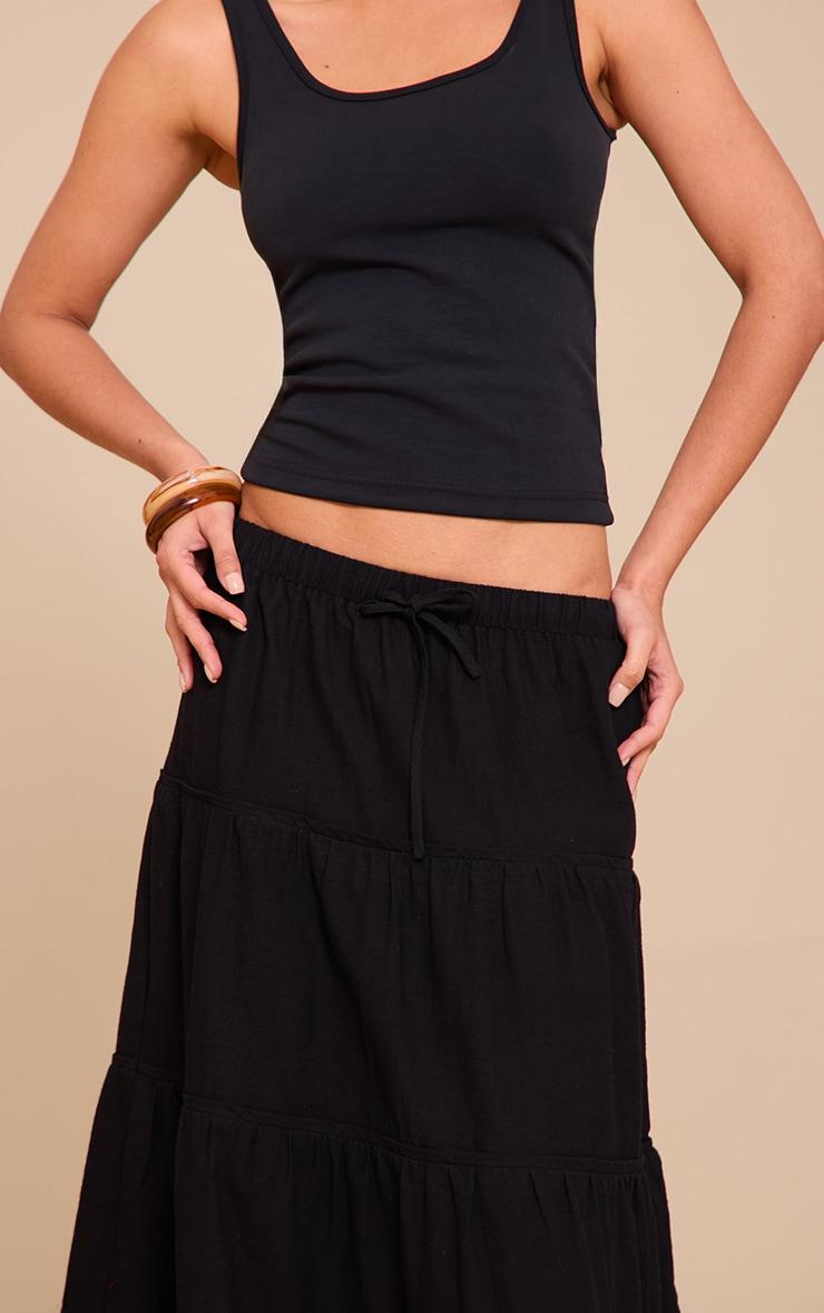 Black Cotton Tiered Drawstring Waist Maxi Skirt Product Image