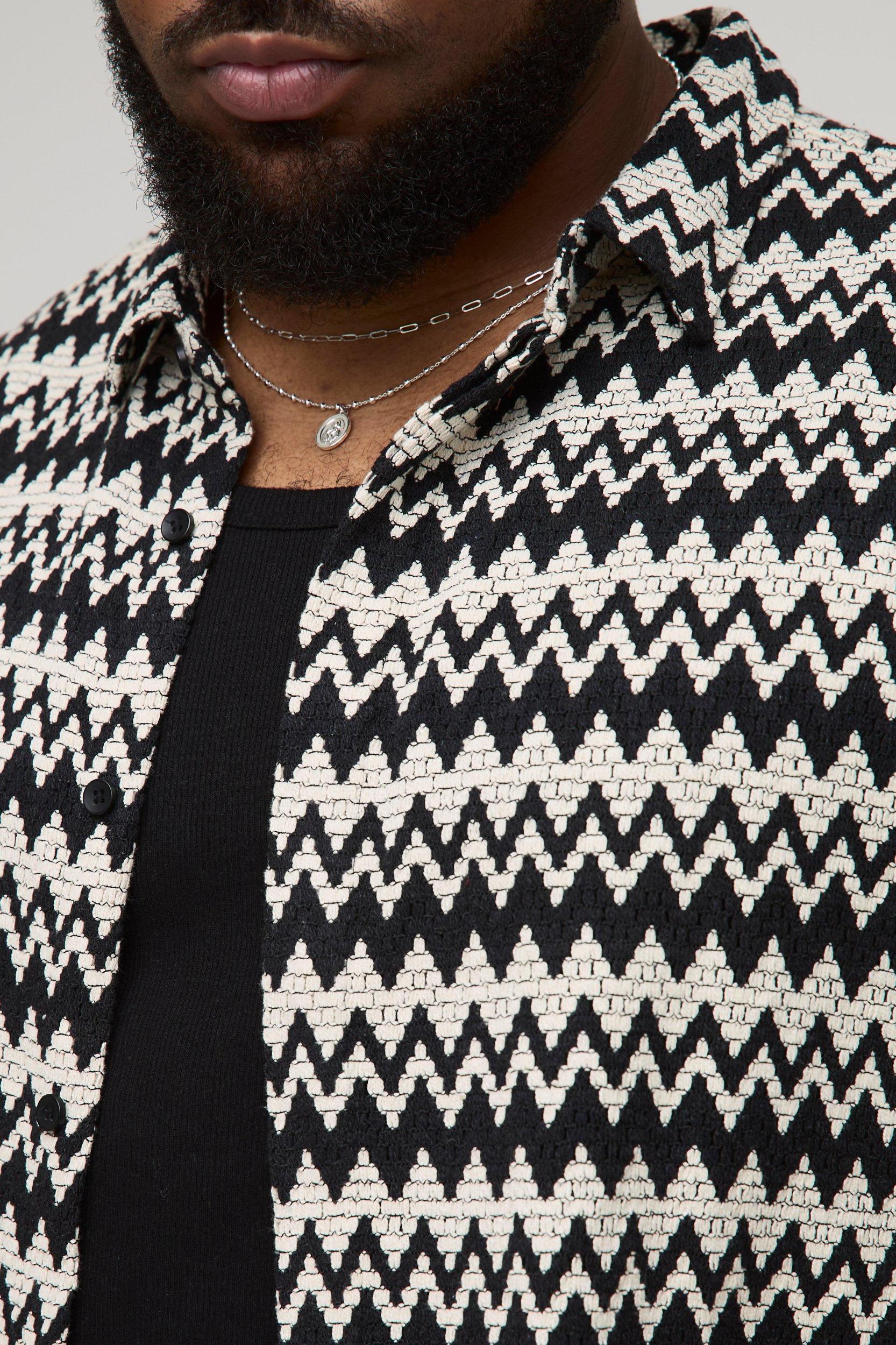 Plus Regular Fit Crochet Open Weave Shirt & Short Set | boohooMAN USA Product Image