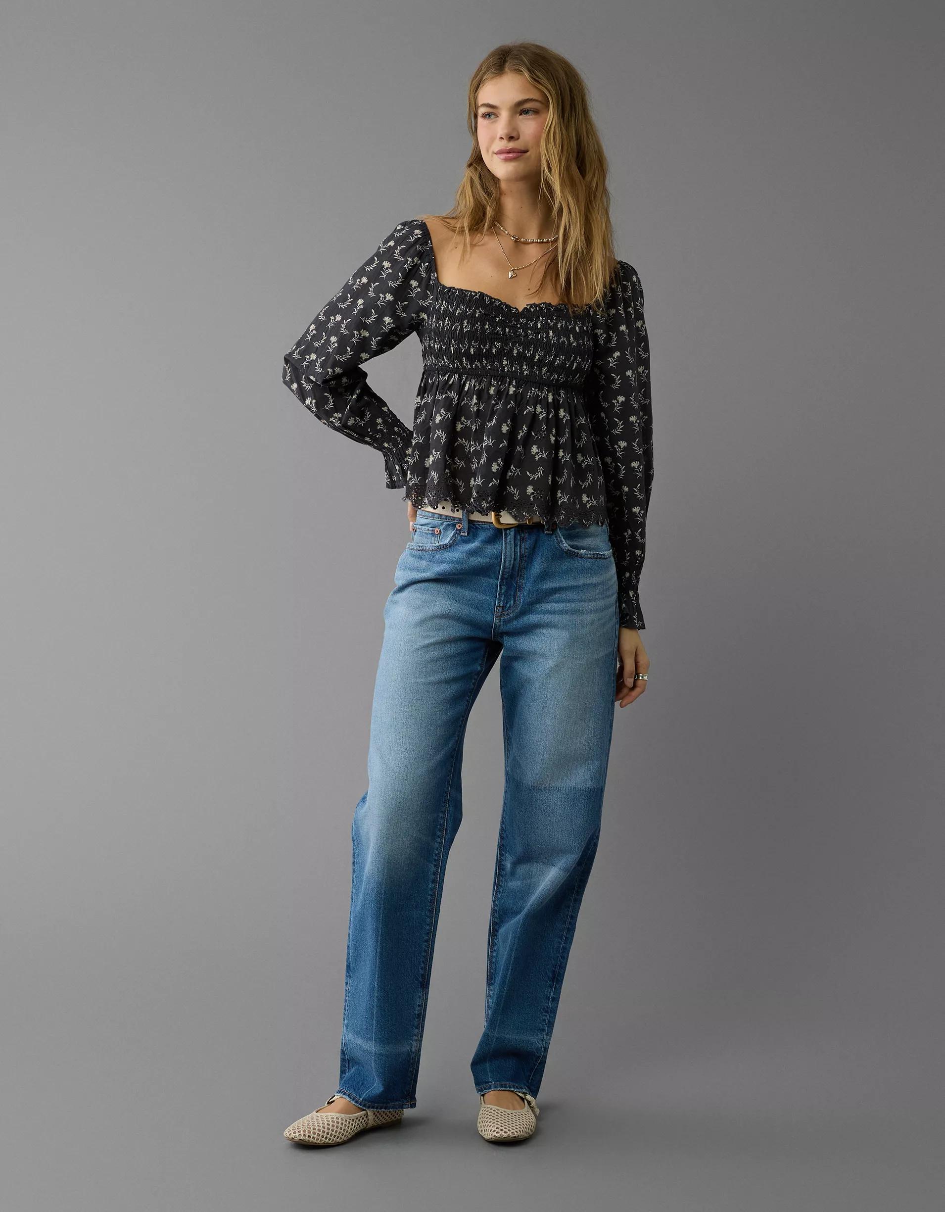 AE Long-Sleeve Smocked Babydoll Blouse Product Image