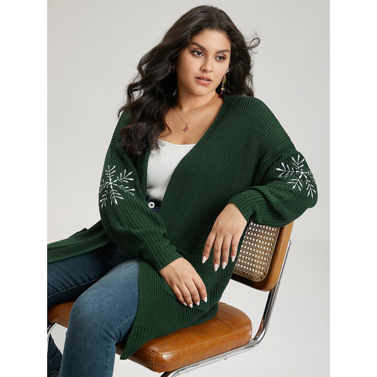 Plus Size Snowflake Embroidered Patched Pocket Cardigan DarkGreen Women Casual Loose Long Sleeve Festival-Christmas Cardigans BloomChic 22-24/3X Product Image