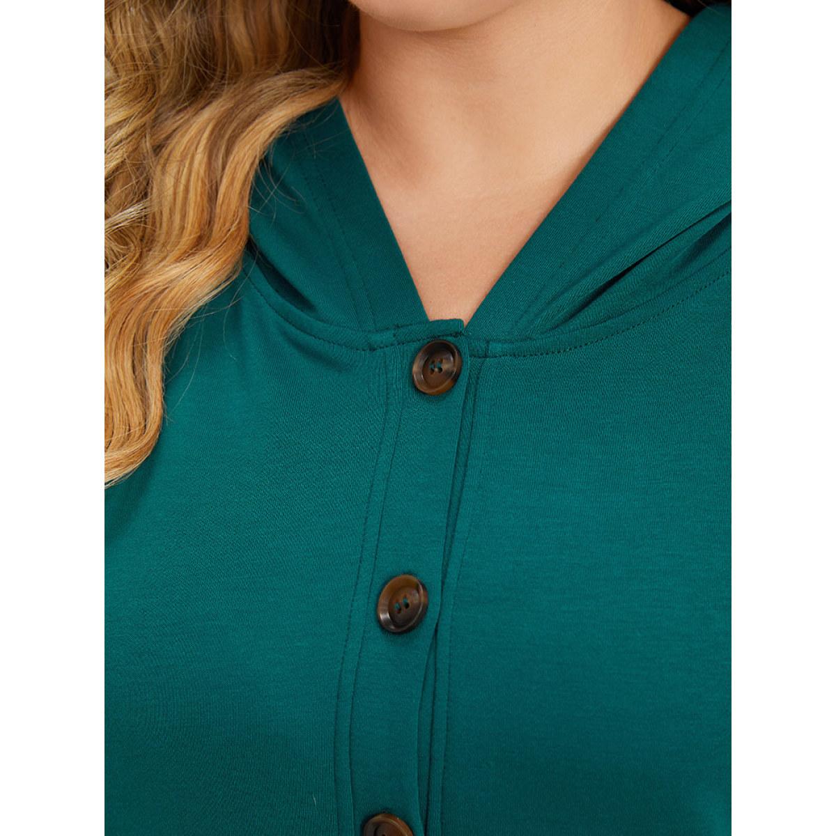 Plus Size Plain Button Up Pocket Hooded Raglan Sleeve Sweatshirt Women Cyan Casual Elastic cuffs Hooded Dailywear Sweatshirts BloomChic 10/M Product Image