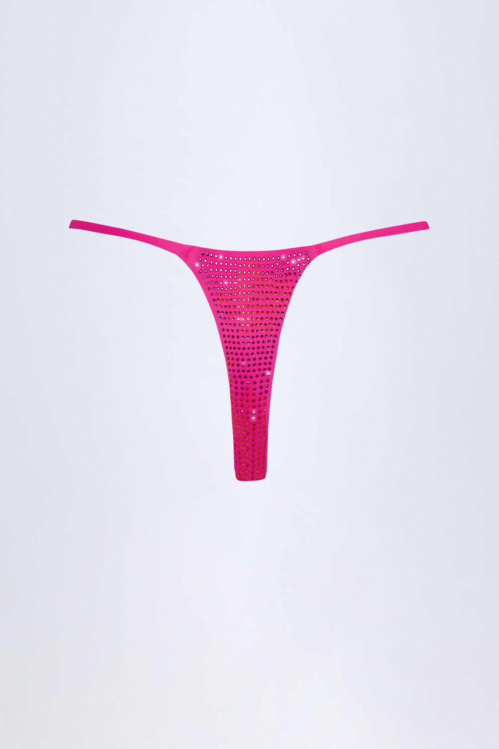 Embellished Thong Bikini Bottoms in Pink Tropical Print Product Image