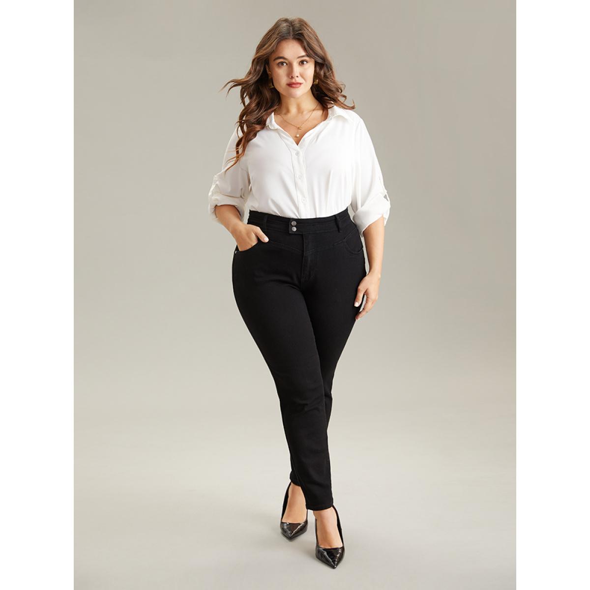 Plus Size Plain Black Wash Button Through Jeans Women Black Casual Plain Plain High stretch Pocket Jeans BloomChic 12/L Product Image