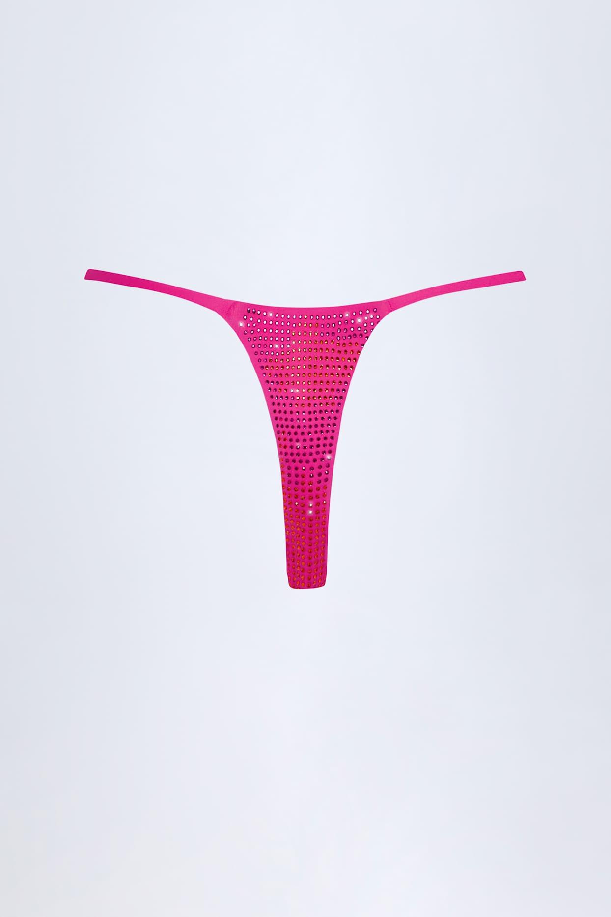 Embellished Thong Bikini Bottoms in Pink Tropical Print Product Image