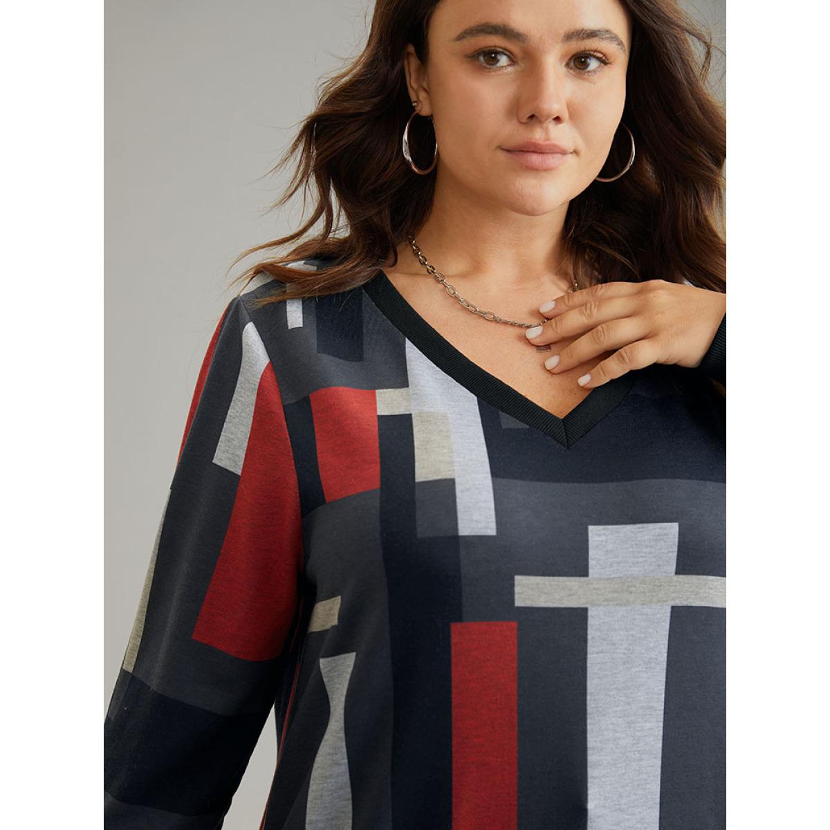 Plus Size Colorblock Contrast V Neck Rib Knit Sweatshirt Women DimGray Casual Rib Knit V-neck Dailywear Sweatshirts BloomChic 14-16/1X Product Image