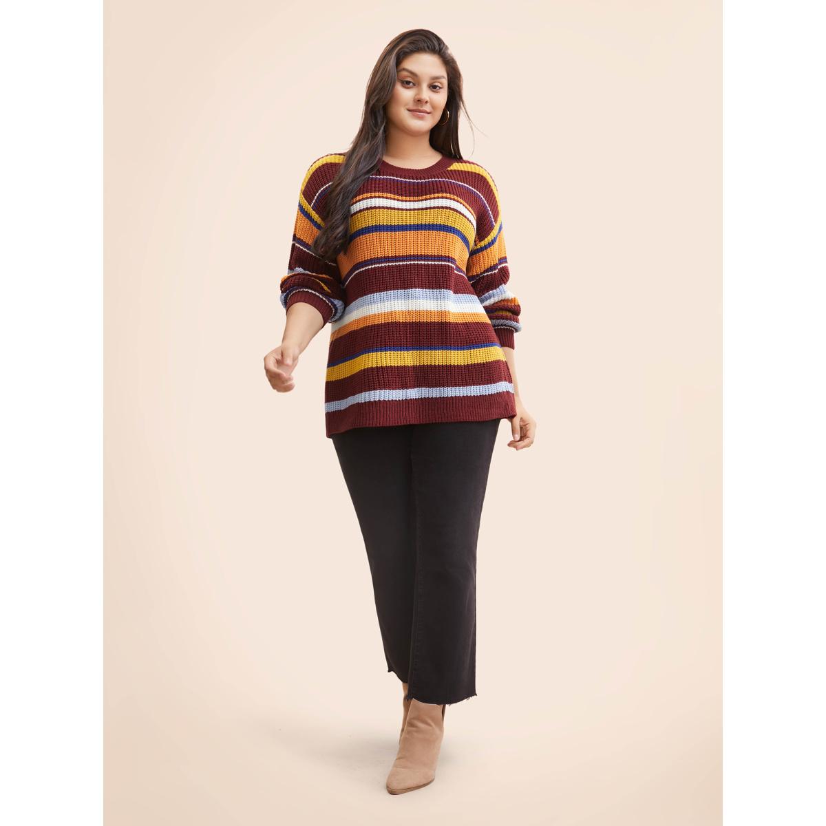 Plus Size Striped Contrast Drop Shoulder Sleeve Pullover Multicolor Women Casual Long Sleeve Round Neck Everyday Pullovers BloomChic 28/5X Product Image