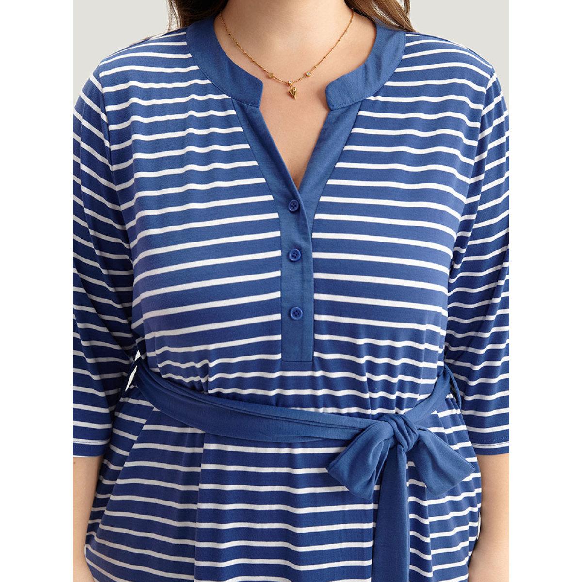Plus Size Striped Belted Notched Dress Blue Women Casual Belted Notched collar Elbow-length sleeve Curvy Midi Dress BloomChic 28/5X Product Image