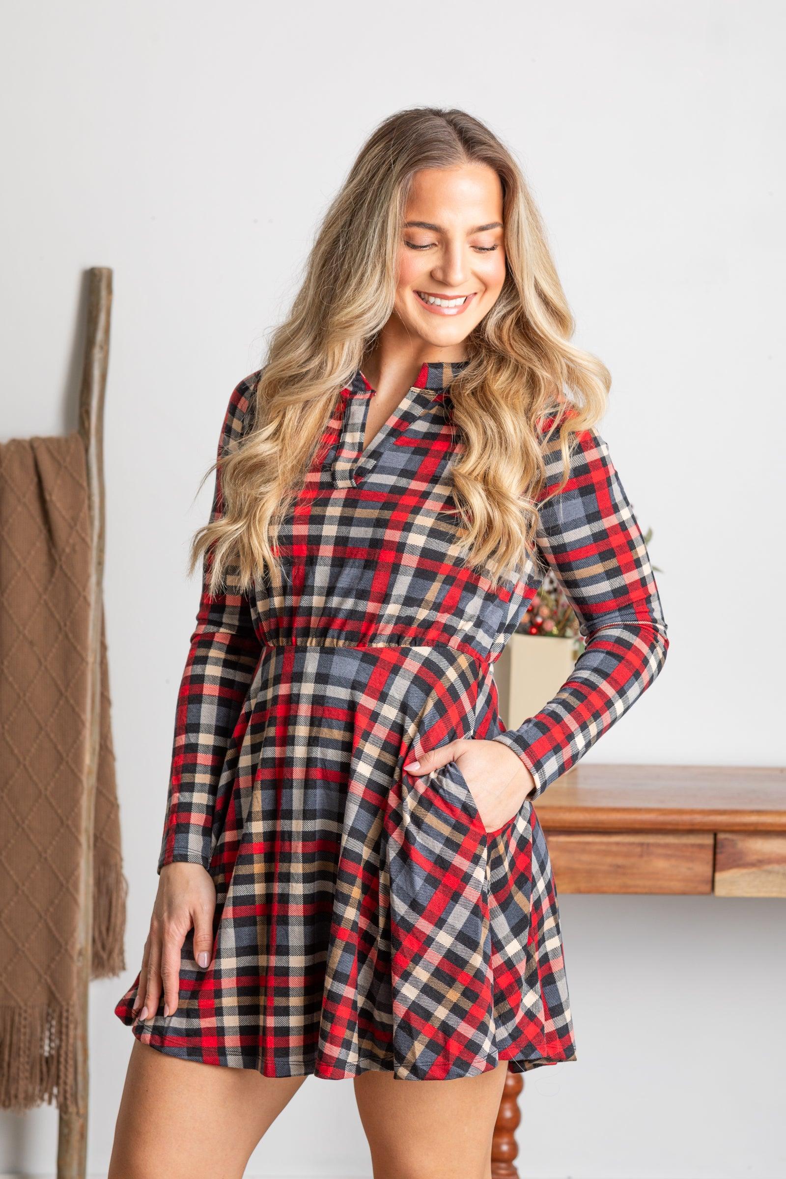 Red Plaid Long Sleeve Knit Dress With Pockets Product Image