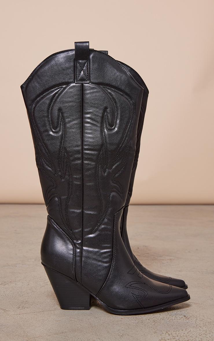 Black Pu Detail Point Toe Knee High Western Boots Product Image