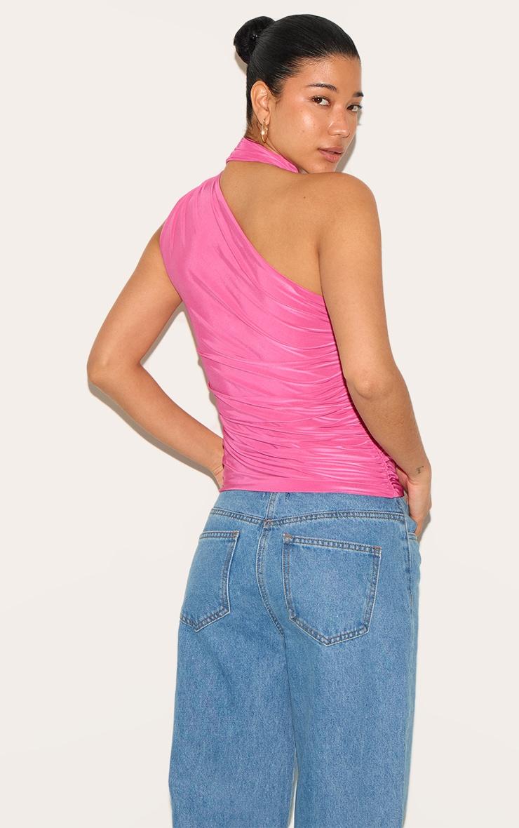 Fuchsia Double Layer Neck Detail Ruched Detail Long Top Product Image