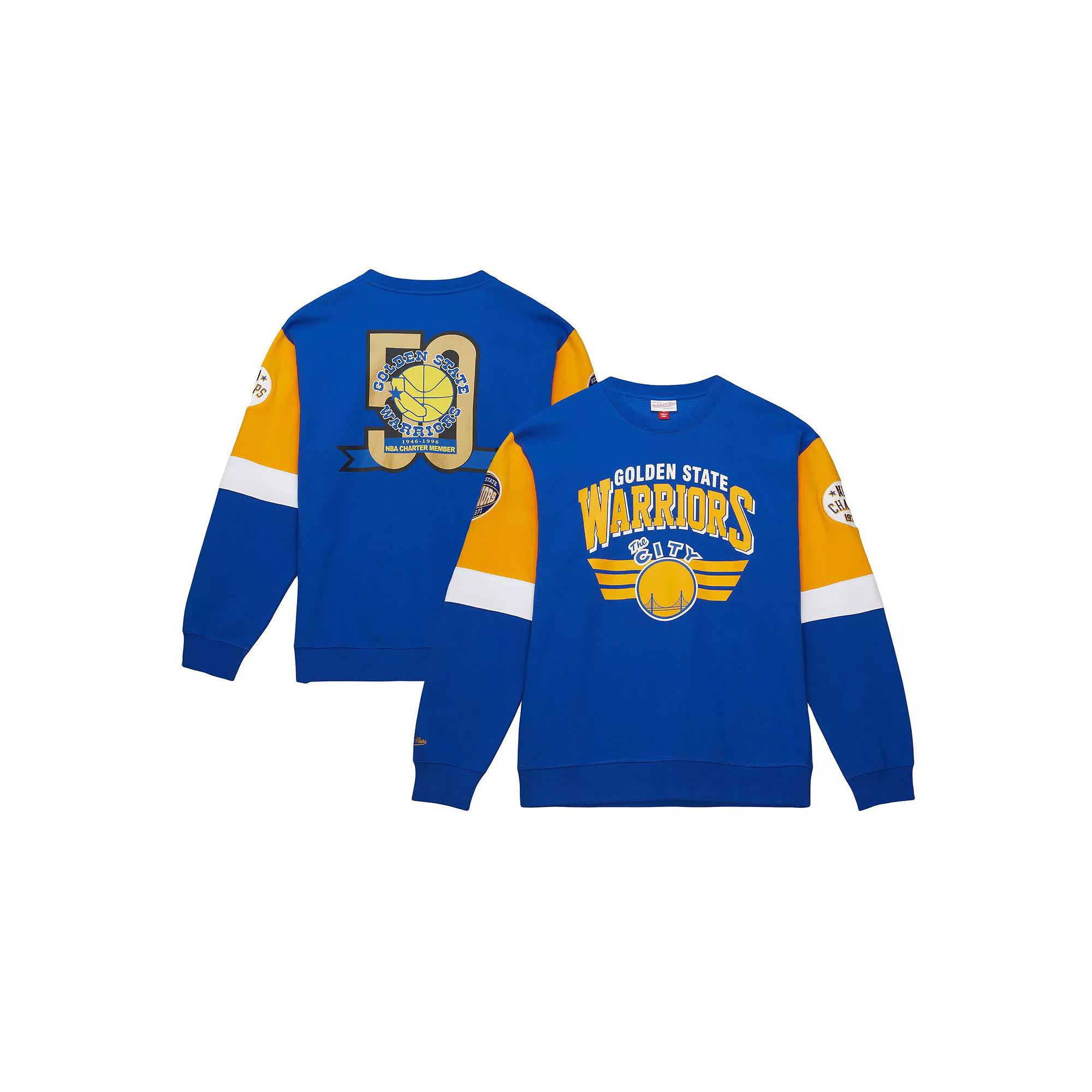 Men's Mitchell & Ness Royal Golden State Warriors Hardwood Classics Vintage All Over 3.0 Pullover Sweatshirt, Size: XL, Blue Product Image