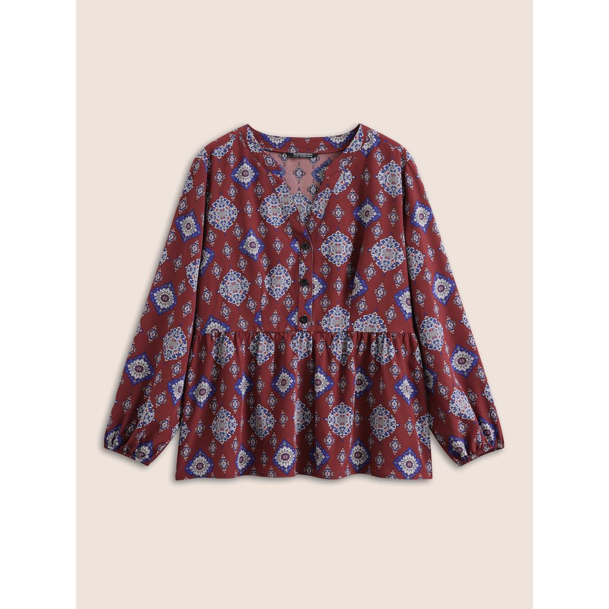 Plus Size Scarlet Boho Print Notched Lantern Sleeve Blouse Women Vacation Long Sleeve Notched collar Vacation Blouses BloomChic 28/5X Product Image